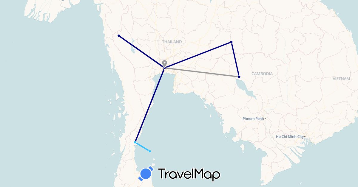 TravelMap itinerary: driving, plane, boat in Cambodia, Thailand (Asia)